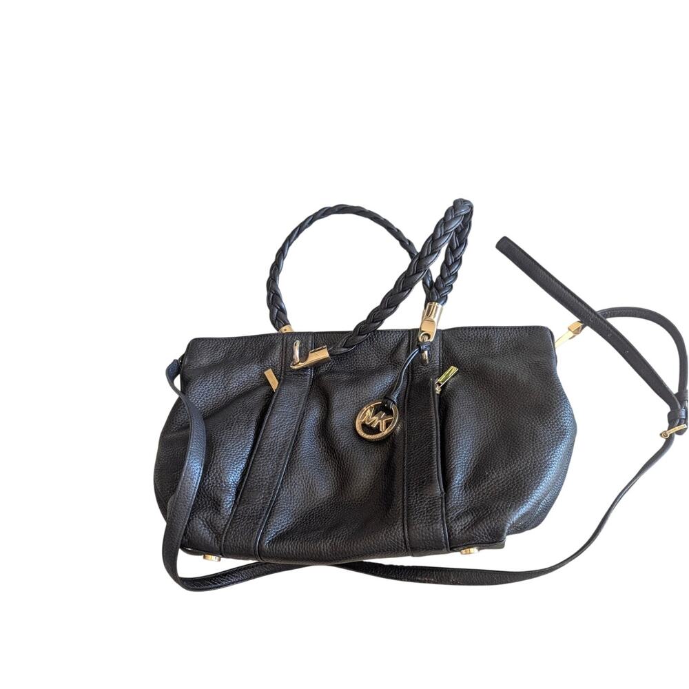 Michael Kors Black Leather Shoulder Bag Satchel Handbag, Gold Hardware